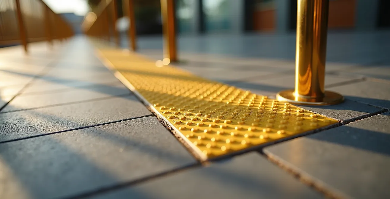 Vue macro détaillée d'aménagements PMR dans un commerce : rampe d'accès, bande podotactile et signalétique adaptée