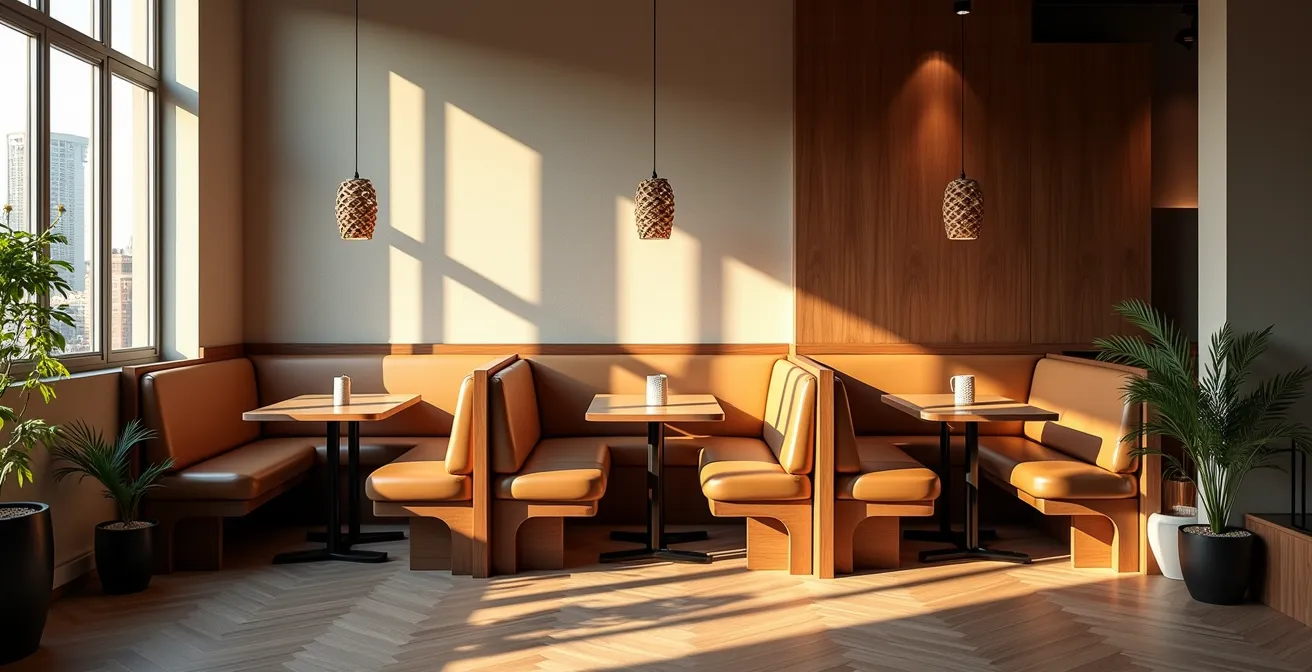 Vue intérieure d'un coffee shop montrant différentes zones d'aménagement avec des clients installés dans diverses configurations