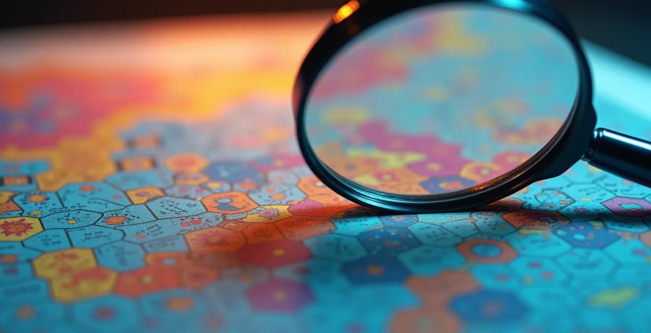 Vue macro de documents d'analyse avec loupe révélant des détails cachés