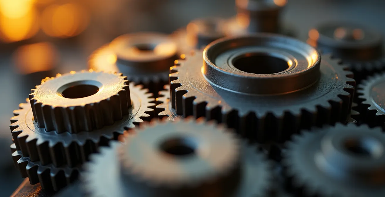 Macro photographie de pièces d'engrenage imbriquées symbolisant l'interdépendance financière franchiseur-franchisé