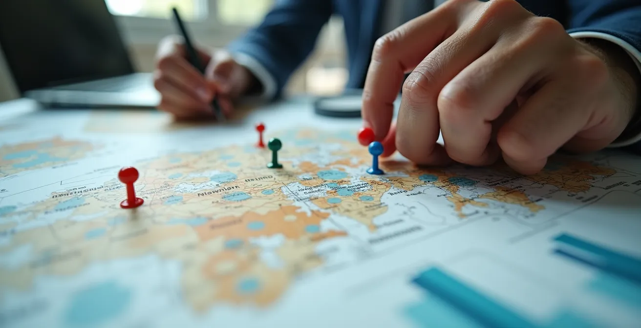 Gros plan sur des mains analysant des graphiques et cartes démographiques sur une table de travail