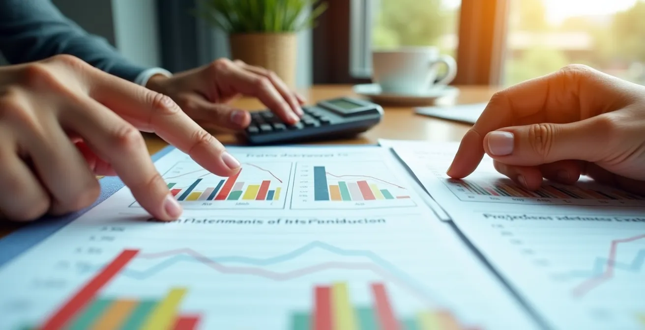 Gros plan sur des mains analysant trois scénarios financiers différents avec graphiques colorés et calculatrice