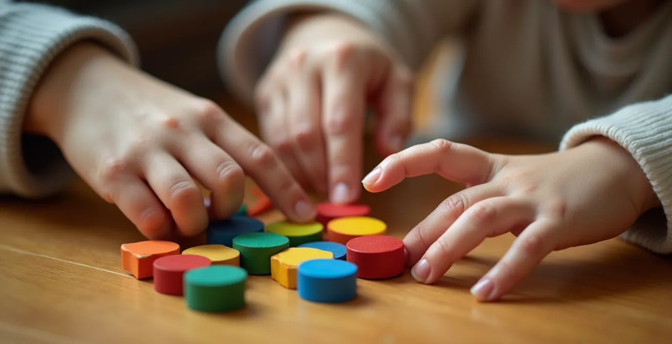 Mains d'adulte et d'enfant manipulant ensemble des pièces de construction colorées