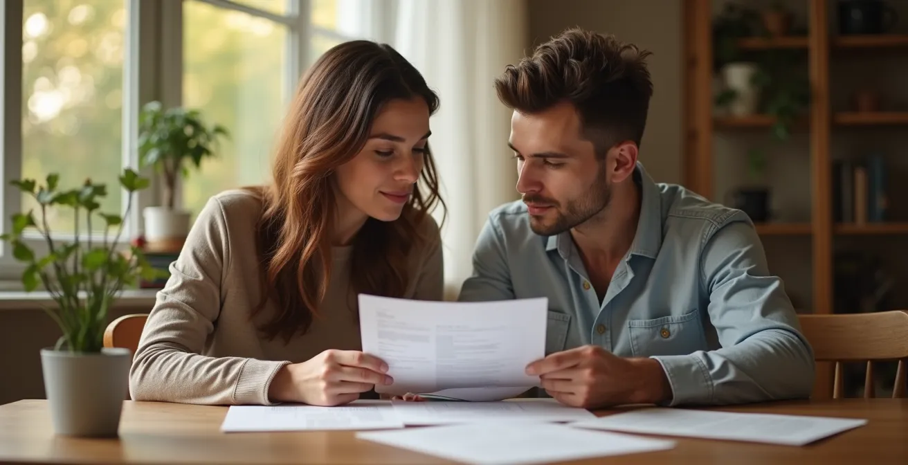 Couple en discussion autour de documents financiers dans un salon chaleureux