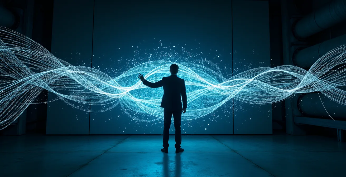 Professionnel observant un système de coordination automatisé symbolisé par des flux lumineux