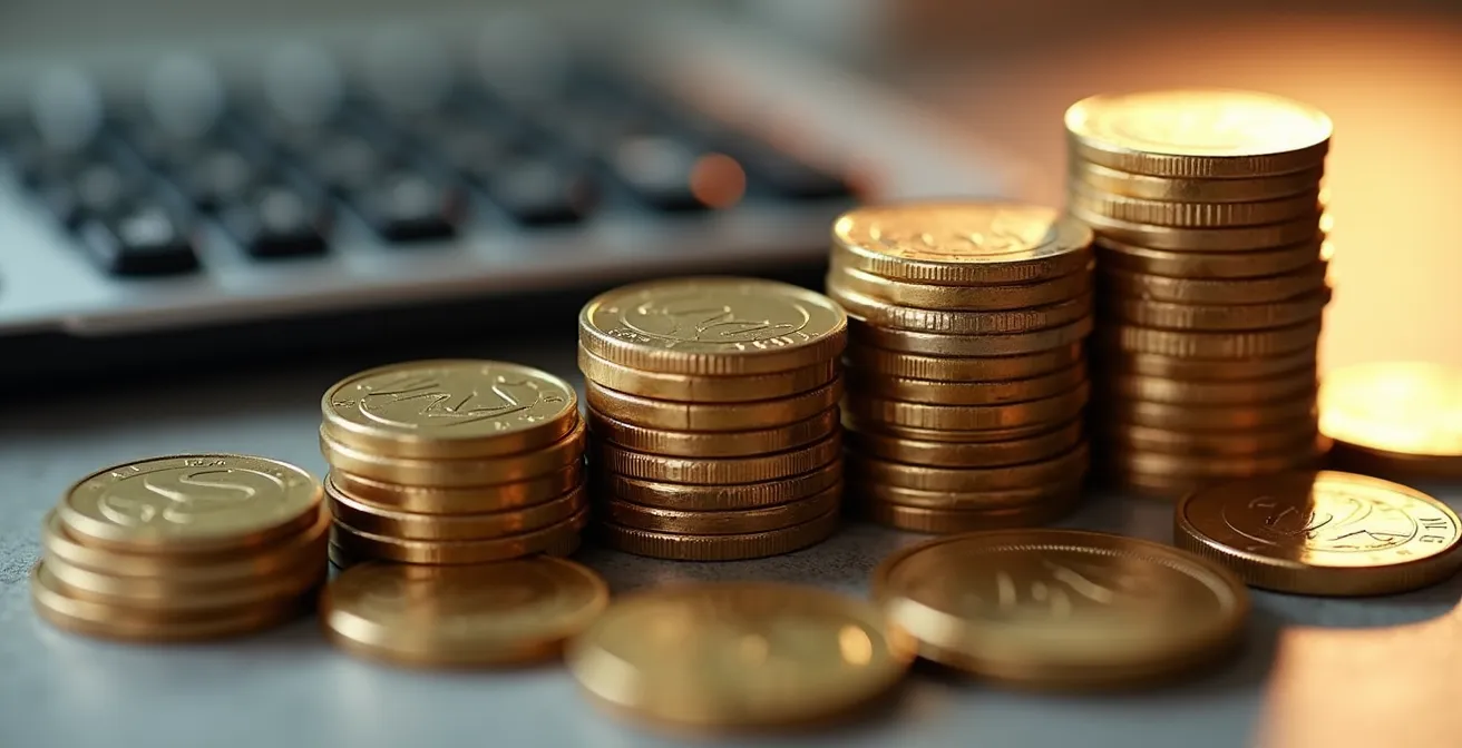 Vue macro de pièces de monnaie empilées formant un graphique ascendant avec calculatrice floue en arrière-plan