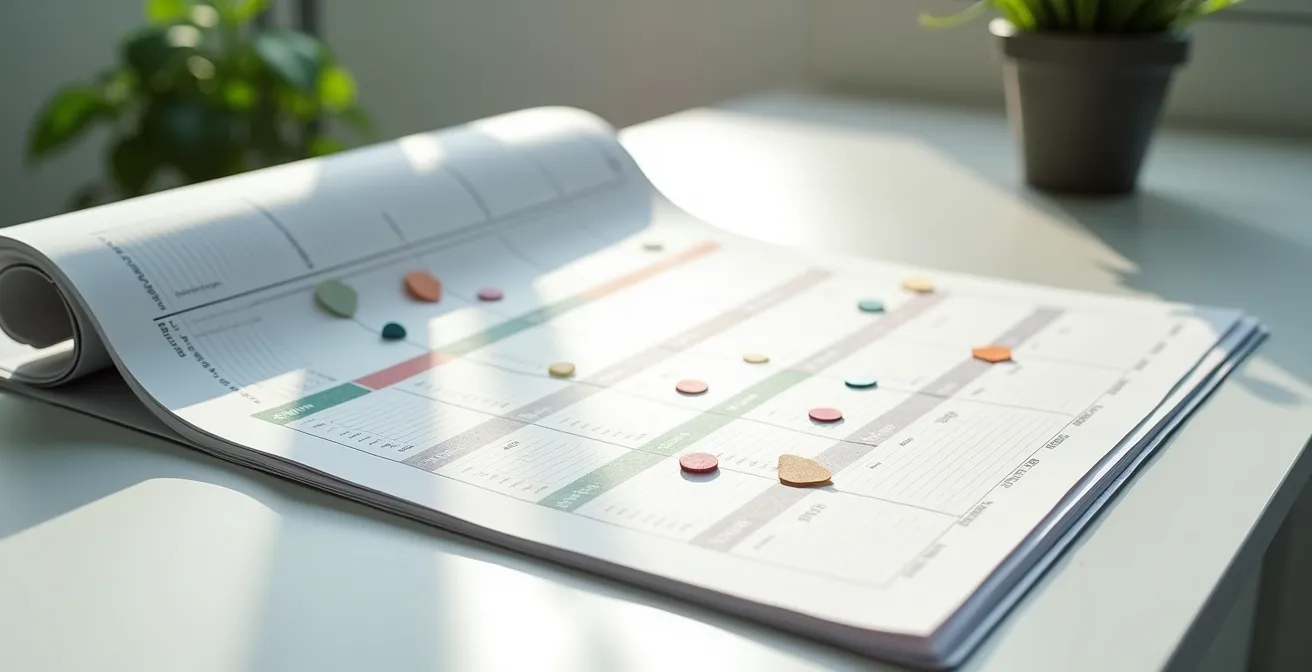 Vue aérienne d'un bureau moderne avec calendrier annuel et marqueurs colorés symbolisant différentes périodes promotionnelles