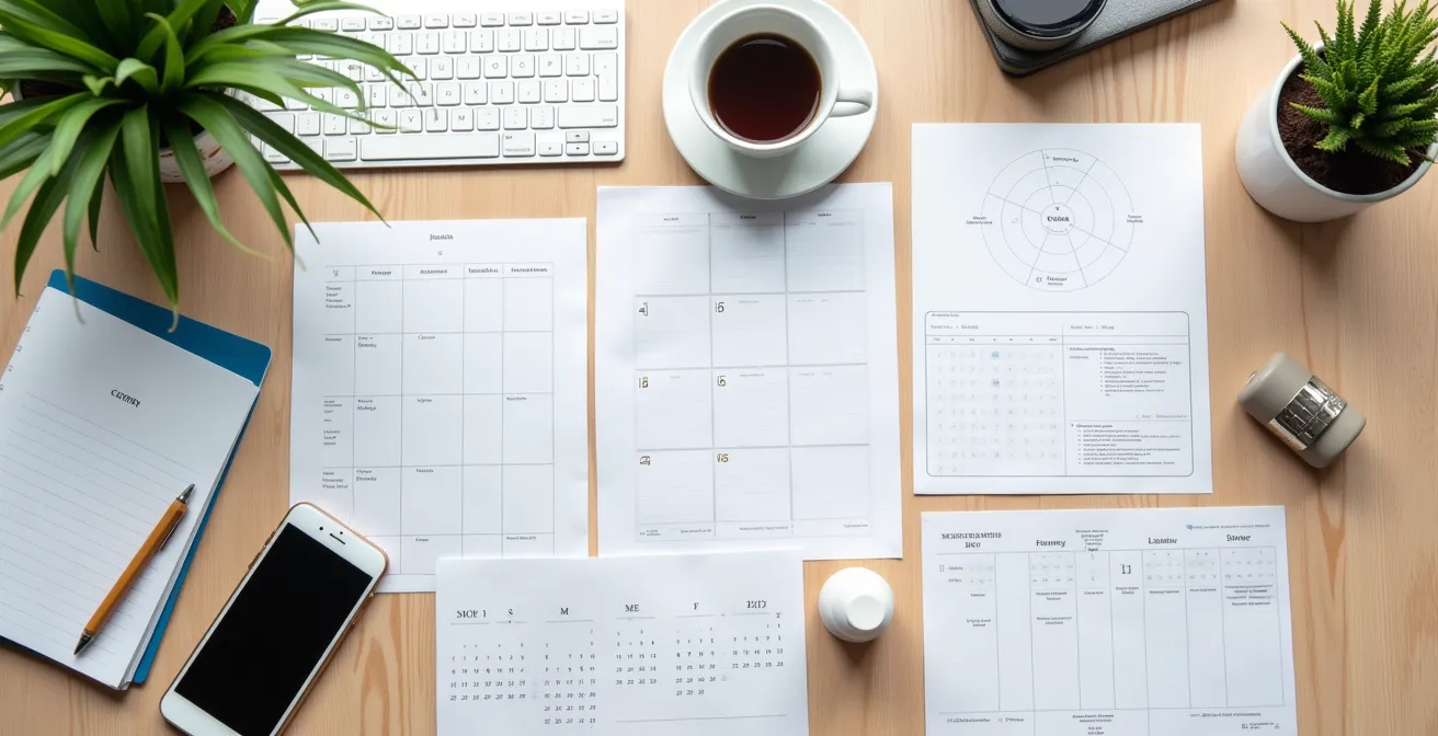 Vue aérienne d'un bureau avec calendrier, smartphone et éléments de planification marketing disposés de manière stratégique