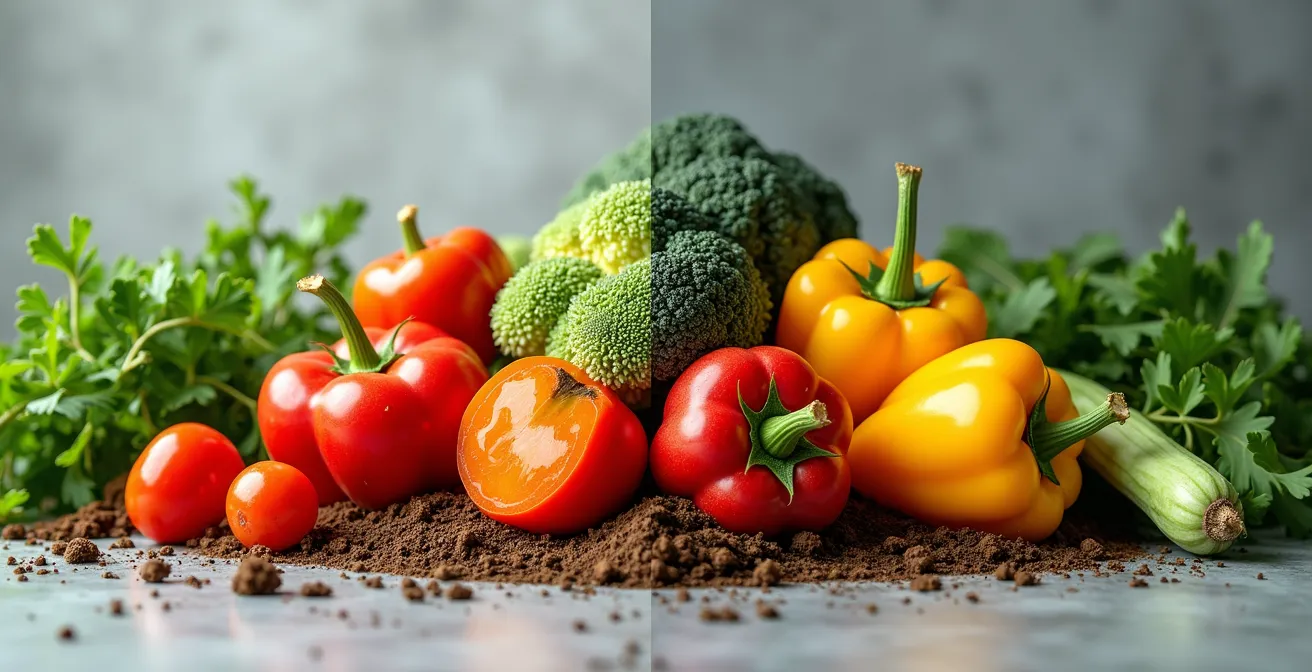 Comparaison visuelle between légumes bio colorés and légumes conventionnels standardisés