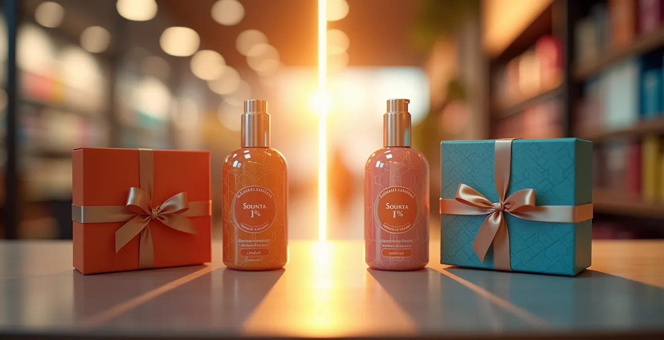 Composition photographique montrant deux approches promotionnelles différentes avec des produits arrangés en groupes