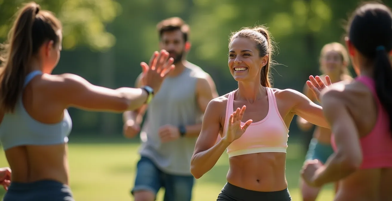 Cours de fitness en plein air pendant l'été avec coach et participants motivés