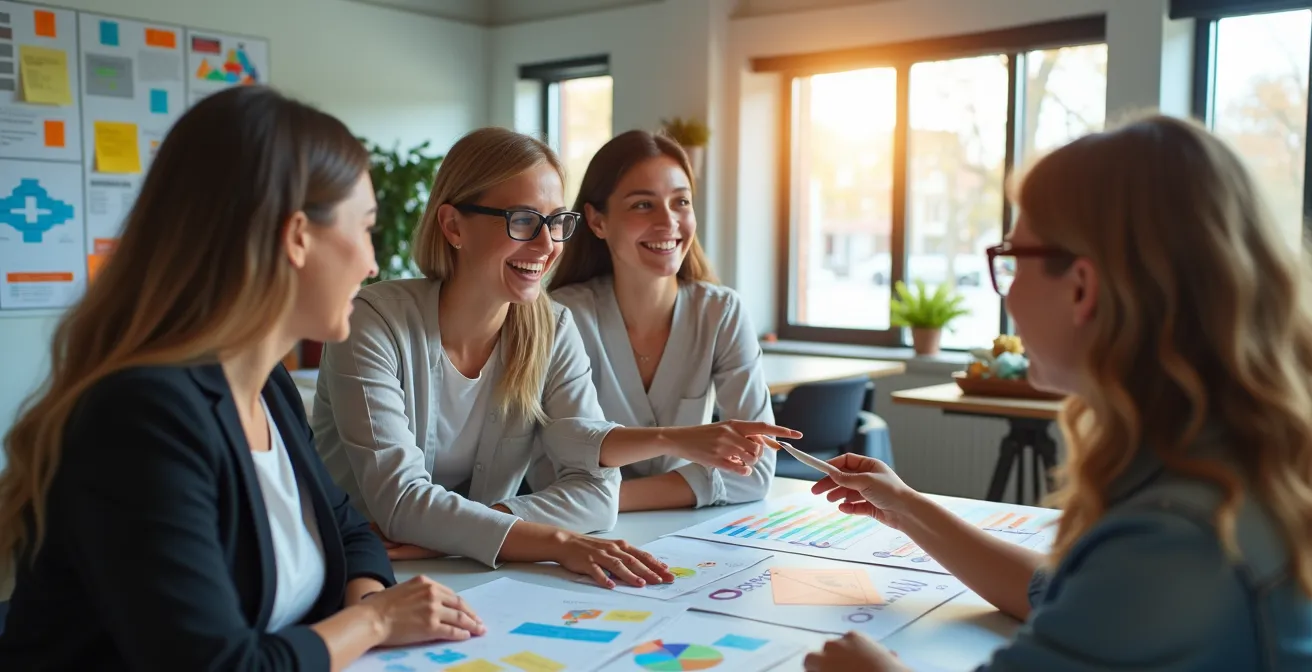Équipe de collaborateurs créant ensemble des procédures visuelles standardisées sur des fiches et tableaux collaboratifs