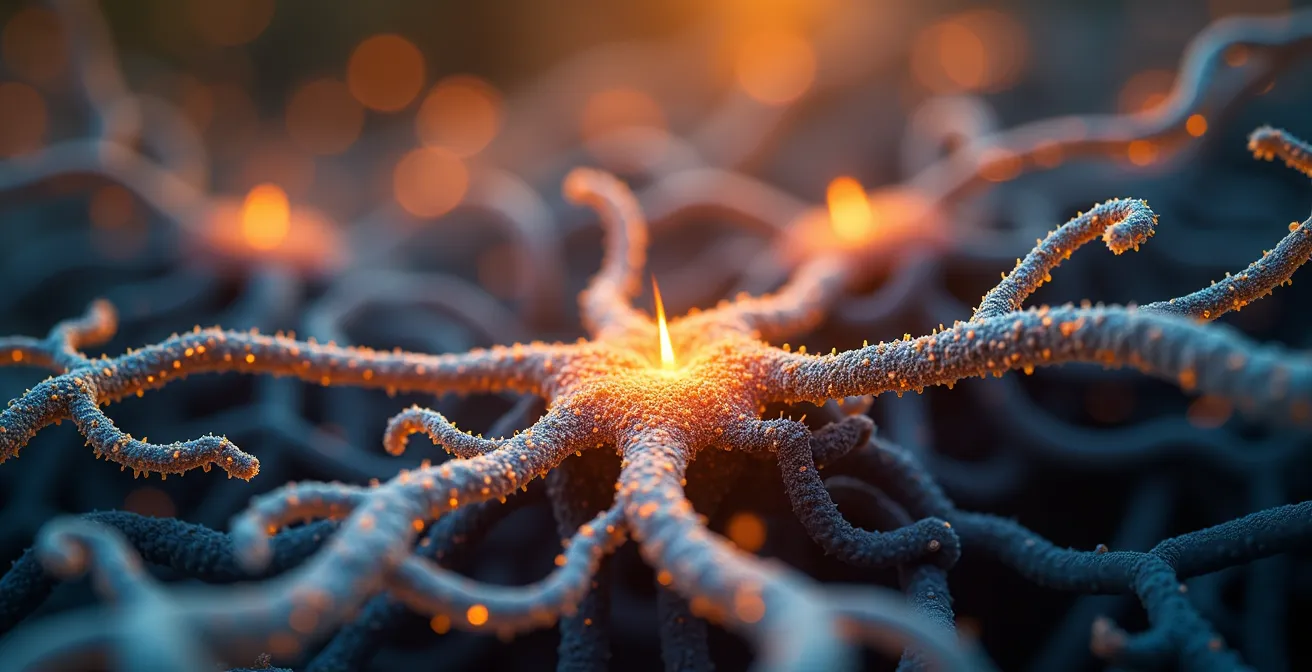 Vue macro d'un réseau organique de connexions lumineuses, symbolisant l'écosystème d'une communauté de niche.