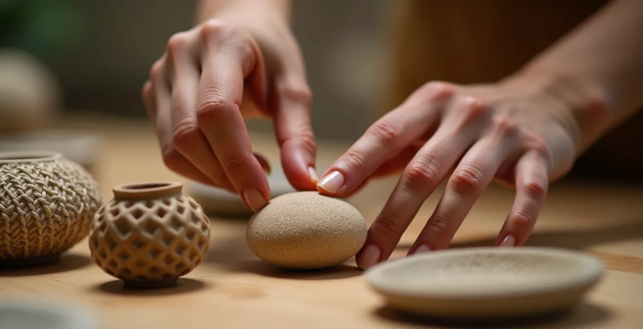 Gros plan macro sur des mains explorant des textures d'objets artisanaux dans un environnement de boutique