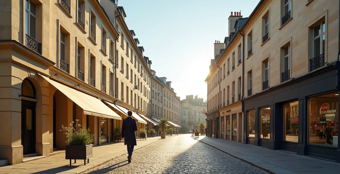 Vue large d'un centre-ville historique français avec intégration harmonieuse d'enseignes franchisées dans l'architecture locale