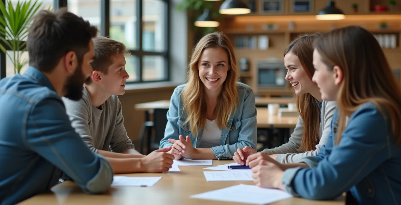 Vue d'un espace d'apprentissage moderne avec élèves travaillant en petits groupes