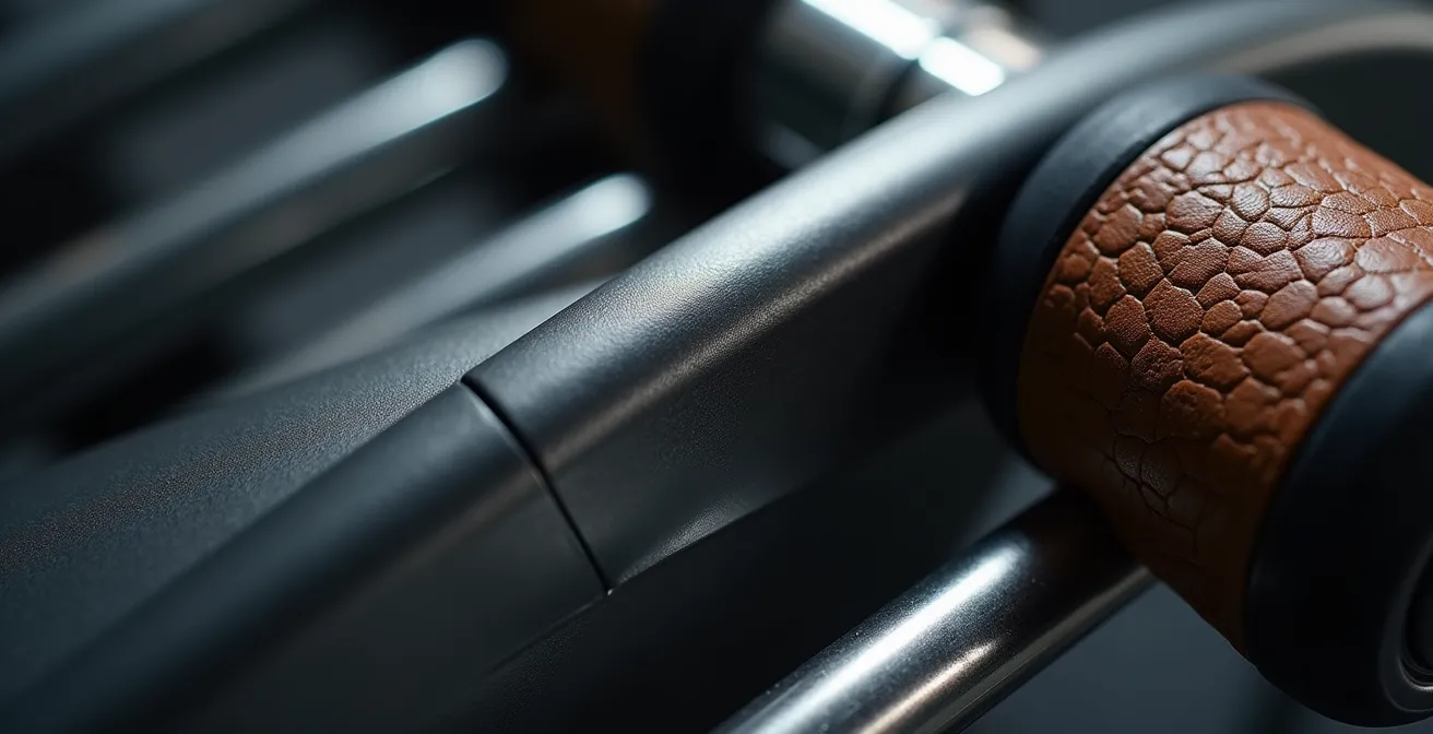 Détail macro d'équipements de fitness modernes avec textures et matériaux premium