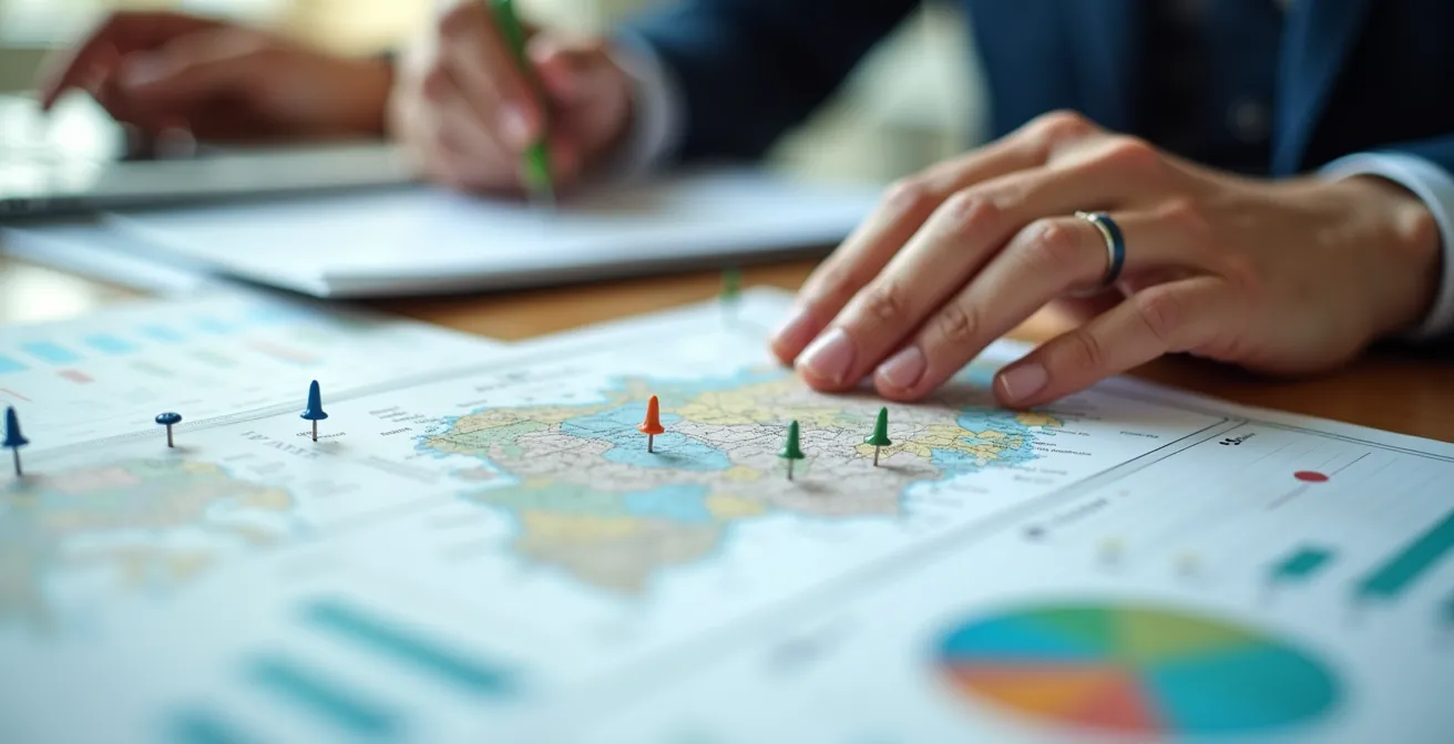 Bureau moderne avec cartes et graphiques de performance affichés sur plusieurs supports