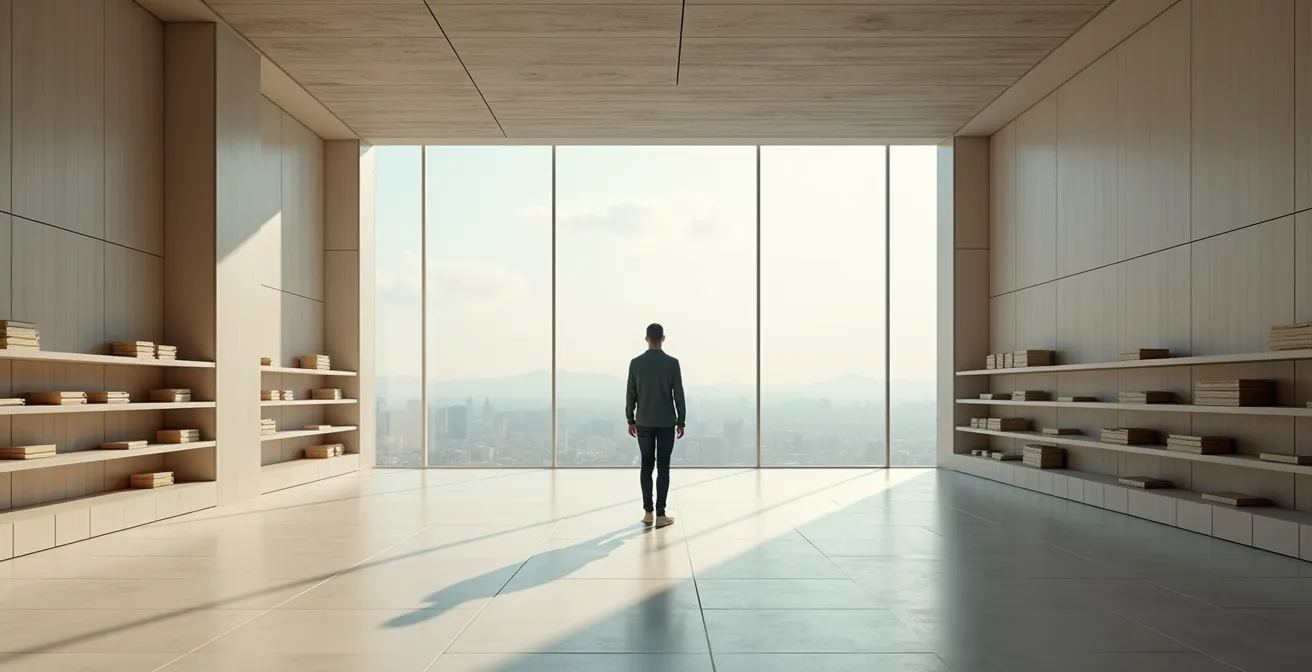 Vue large d'un espace commercial épuré avec une cliente seule contemplant des étagères presque vides