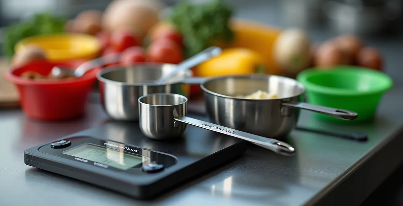Gros plan macro sur des portions standardisées avec doseurs et balances de précision