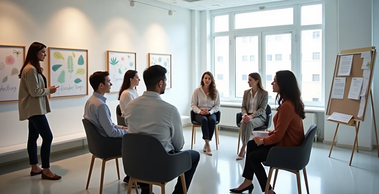 Session de formation pratique avec vendeurs en jeu de rôle dans un environnement commercial