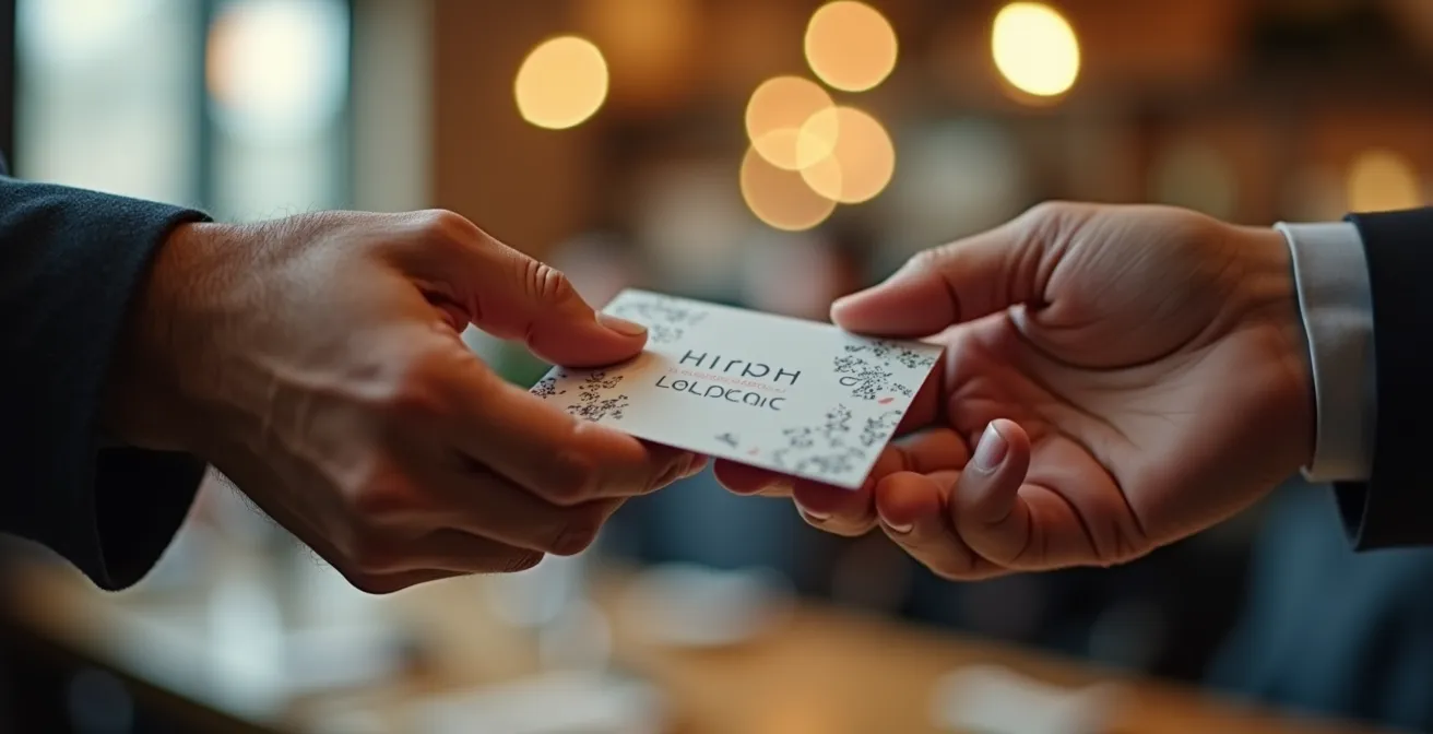 Détail macro de mains échangeant une carte de visite lors d'un événement local