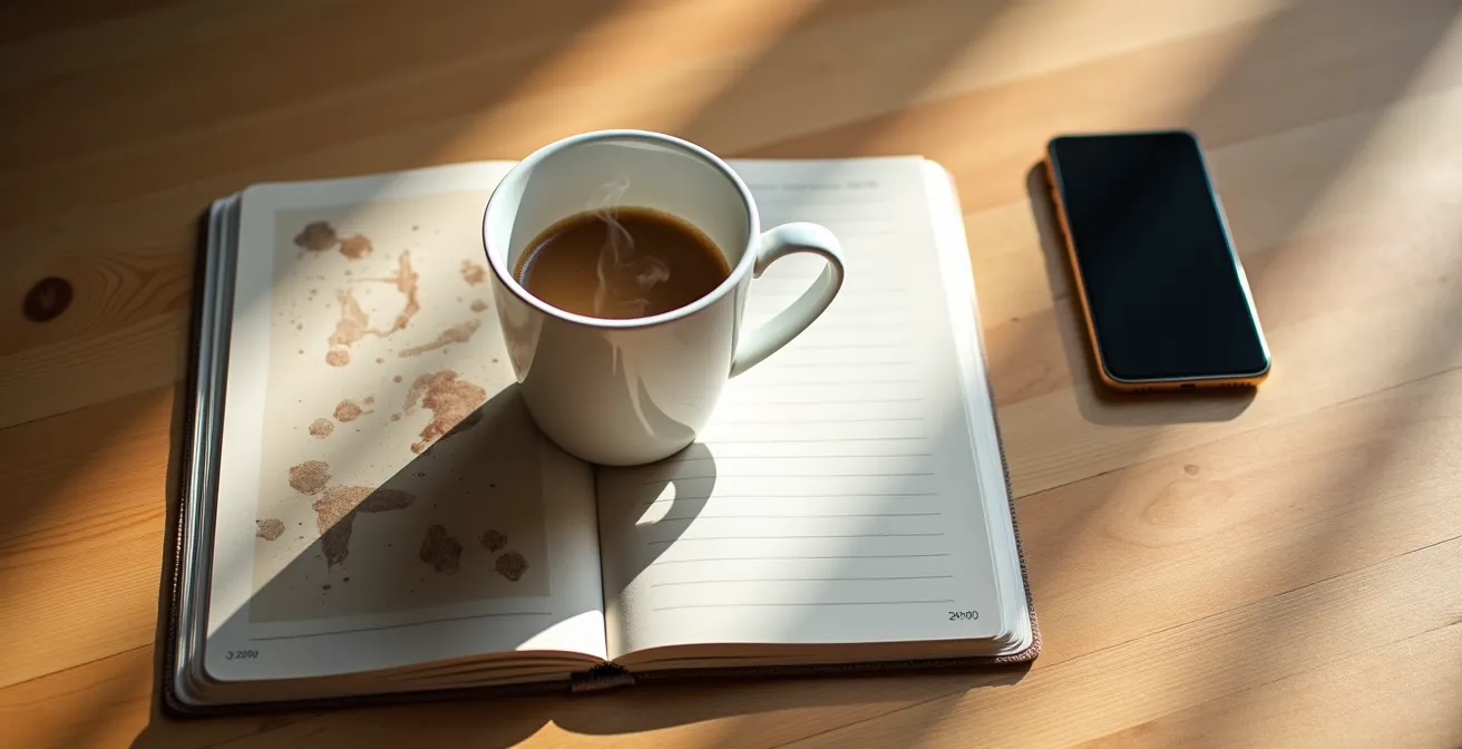 Bureau minimaliste avec café, carnet de notes et smartphone posé face cachée sur une table en bois