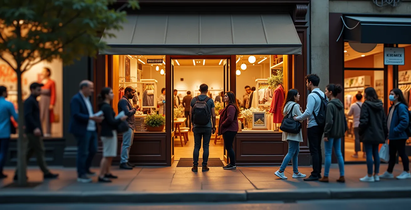 Vue d'ensemble d'un quartier commerçant animé avec un point de vente central rayonnant vers la communauté locale