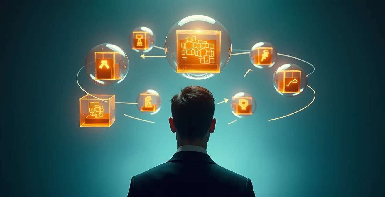 Franchisé organisant son plan d'apprentissage avec des modules thématiques sur un tableau visuel