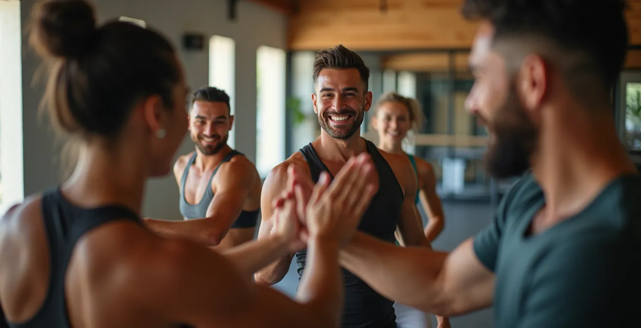 Groupe diversifié de sportifs dans un espace d'entraînement communautaire lumineux