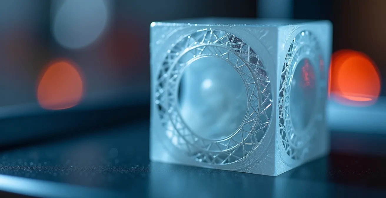 Macro détaillée d'une pièce imprimée en 3D avec jeux de lumière révélant les structures internes