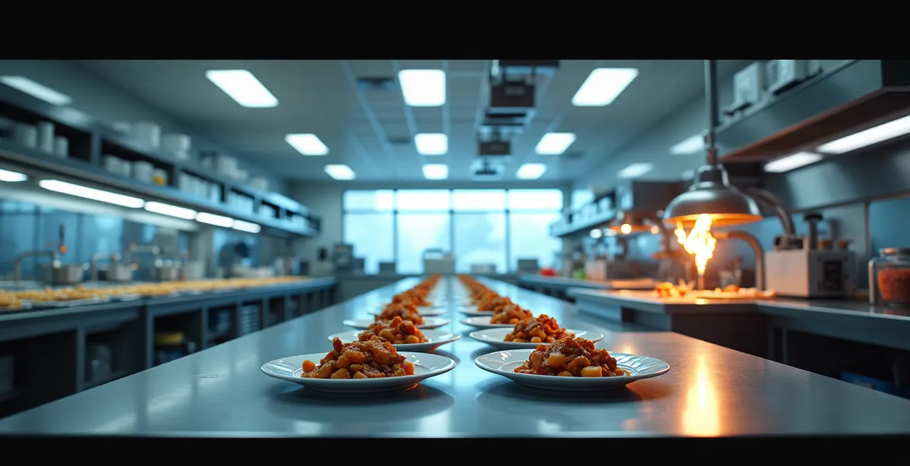 Vue aérienne d'un laboratoire de production culinaire avec zones de préparation spécialisées
