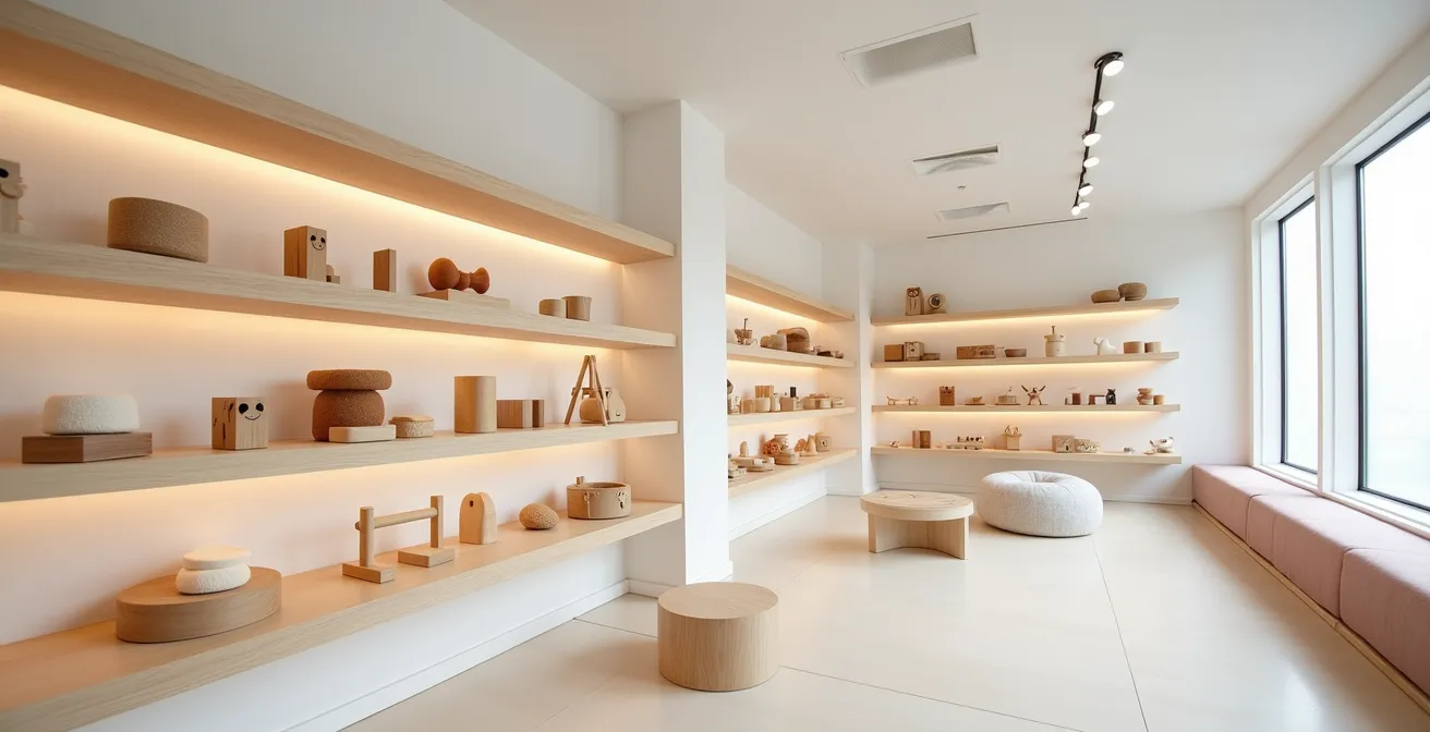 Intérieur épuré d'un magasin de jouets avec sélection soignée et espaces de test