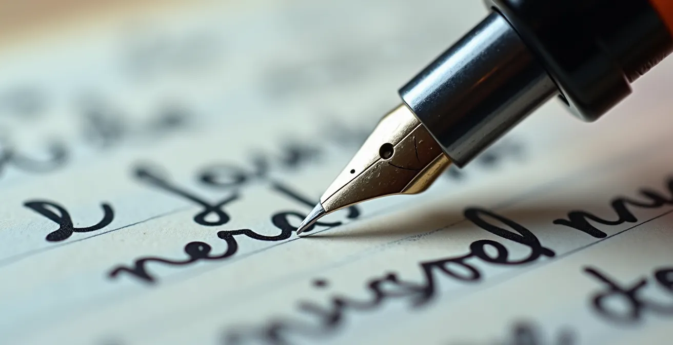 Vue macro d'un stylo posant sur des feuilles de papier avec des annotations manuscrites floues et illisibles