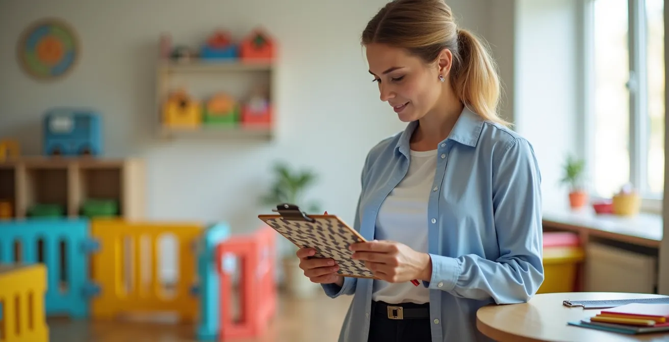 Professionnel effectuant un contrôle de conformité dans une micro-crèche avec checklist