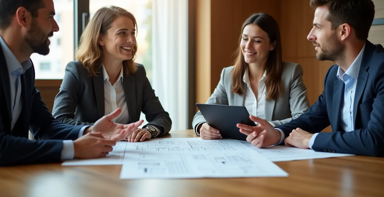 Réunion de négociation entre franchisé et représentants du franchiseur avec documents de conformité sur la table