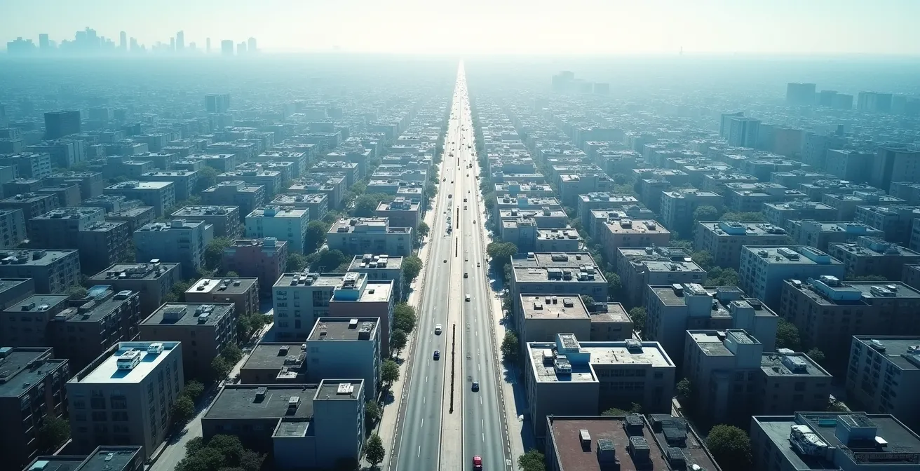 Vue aérienne d'une zone urbaine avec des données de flux et isochrones visualisées de manière abstraite