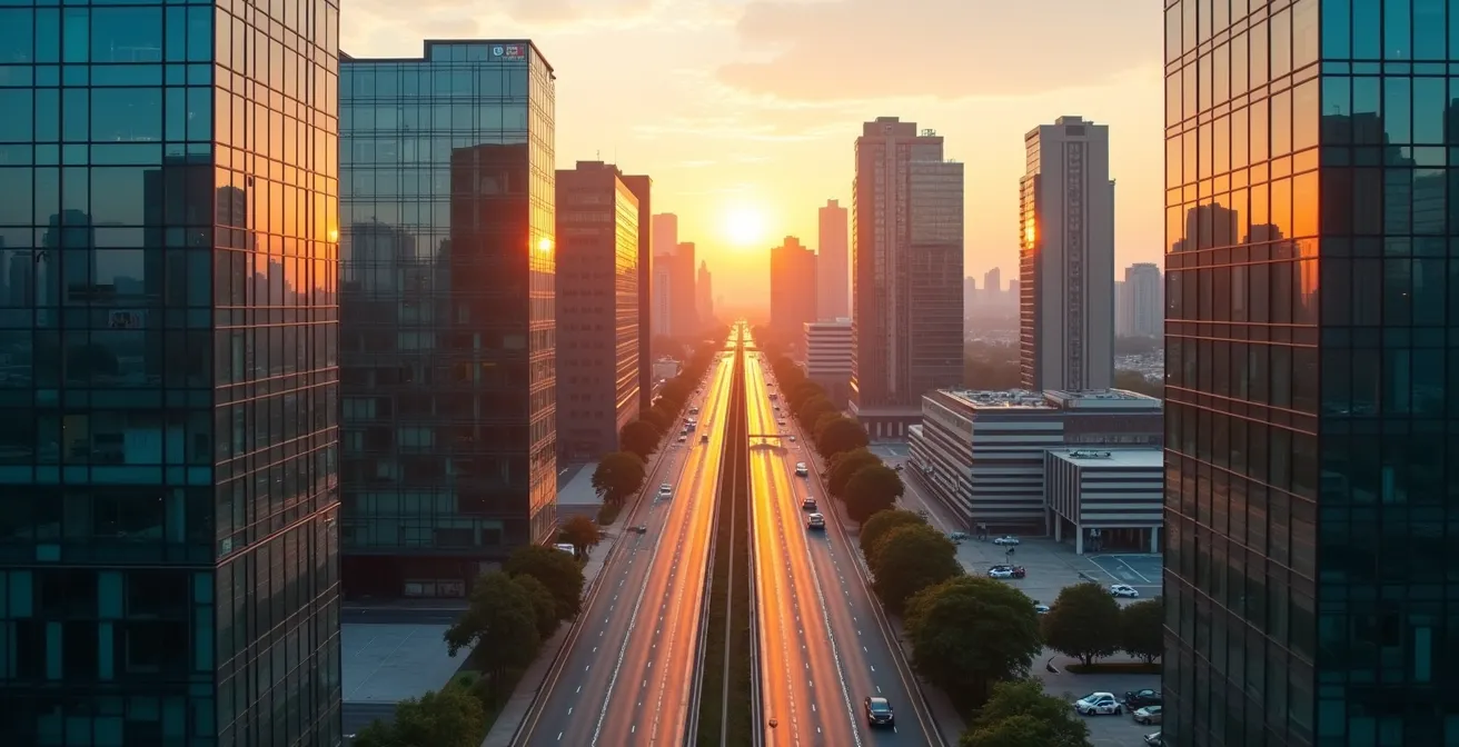 Vue aérienne d'un réseau de bâtiments commerciaux interconnectés illustrant l'expansion territoriale