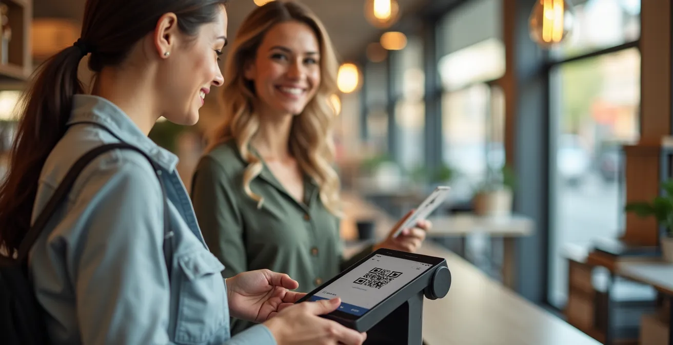 Personne utilisant un QR code dans un environnement commercial moderne