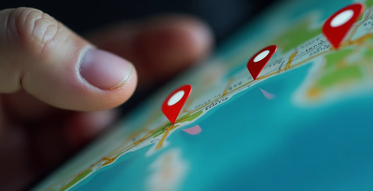 Vue macro d'un écran de smartphone montrant une carte avec épingles de localisation floues
