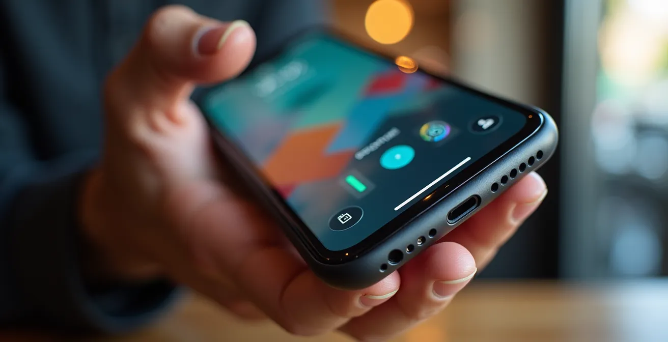 Gros plan sur une main tenant un smartphone montrant une interface de fidélité gamifiée avec badges et progression