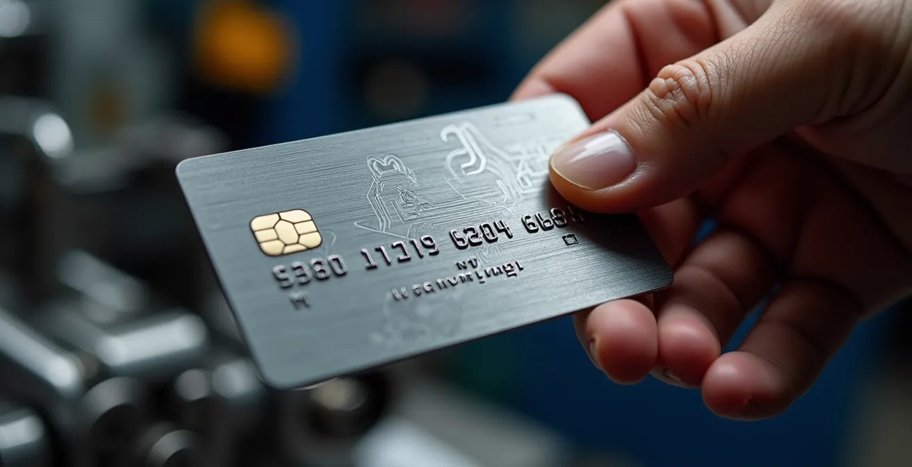 Gros plan sur une main tenant une carte de fidélité métallique premium avec des éléments mécaniques en arrière-plan