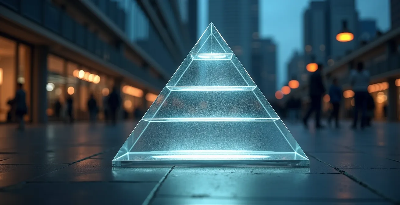 Représentation visuelle d'une pyramide stratégique à trois niveaux pour la visibilité locale