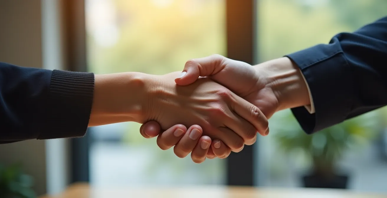 Portrait serré montrant l'émotion authentique d'une poignée de main professionnelle lors d'un recrutement