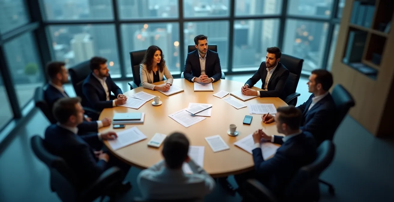 Vue aérienne d'une équipe de direction en simulation de crise autour d'une table ronde