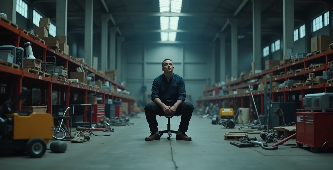 Technicien épuisé entouré d'outils dans un atelier en désordre symbolisant le chaos du mode réactif