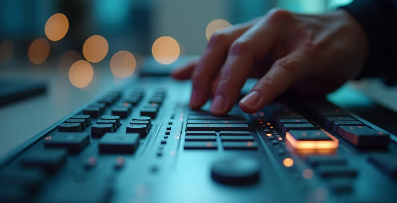 Vue macro d'une surface de contrôle moderne avec indicateurs visuels multiples