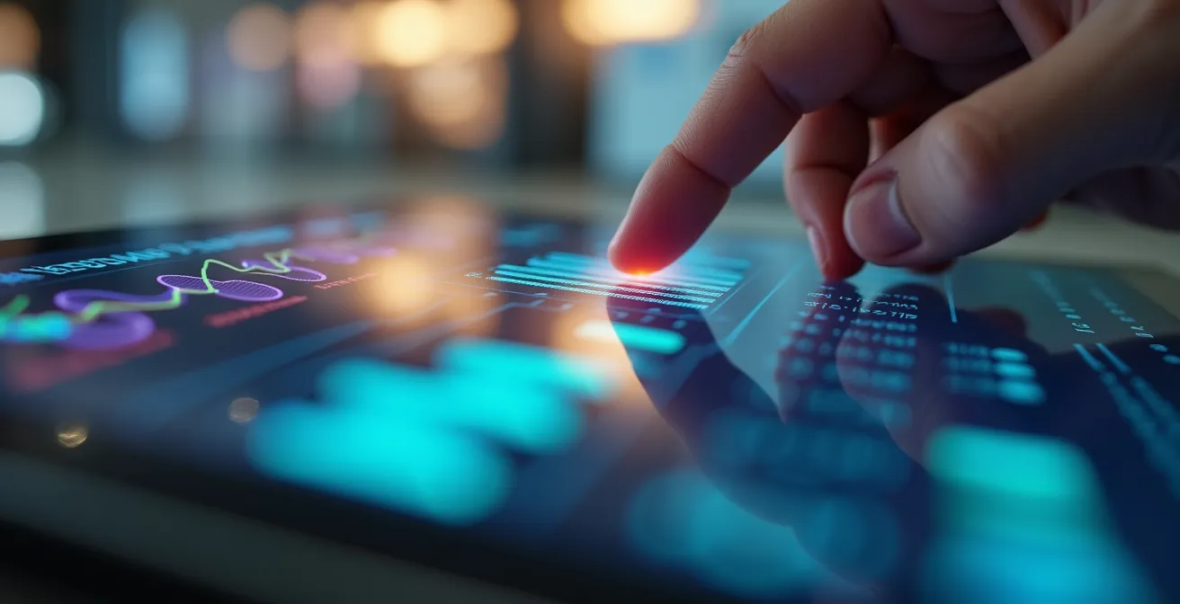 Gros plan sur des graphiques et indicateurs de performance affichés sur une tablette dans un environnement commercial