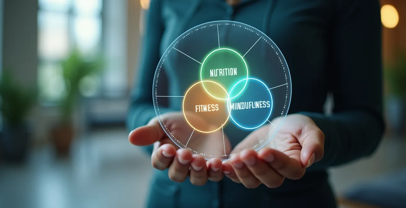 Interface digitale unifiée montrant les progrès d'un client à travers nutrition, fitness et méditation