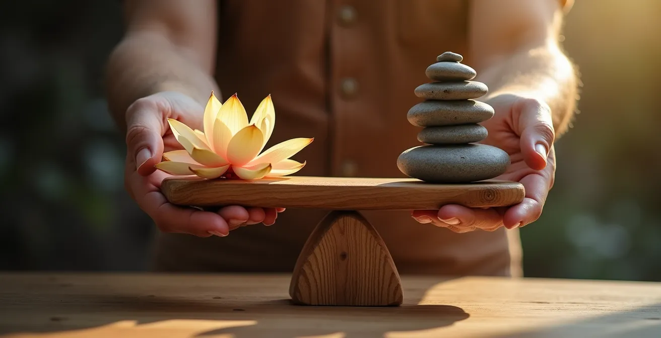 Mains tenant délicatement une balance en bois avec pierres zen représentant l'équilibre prix-valeur